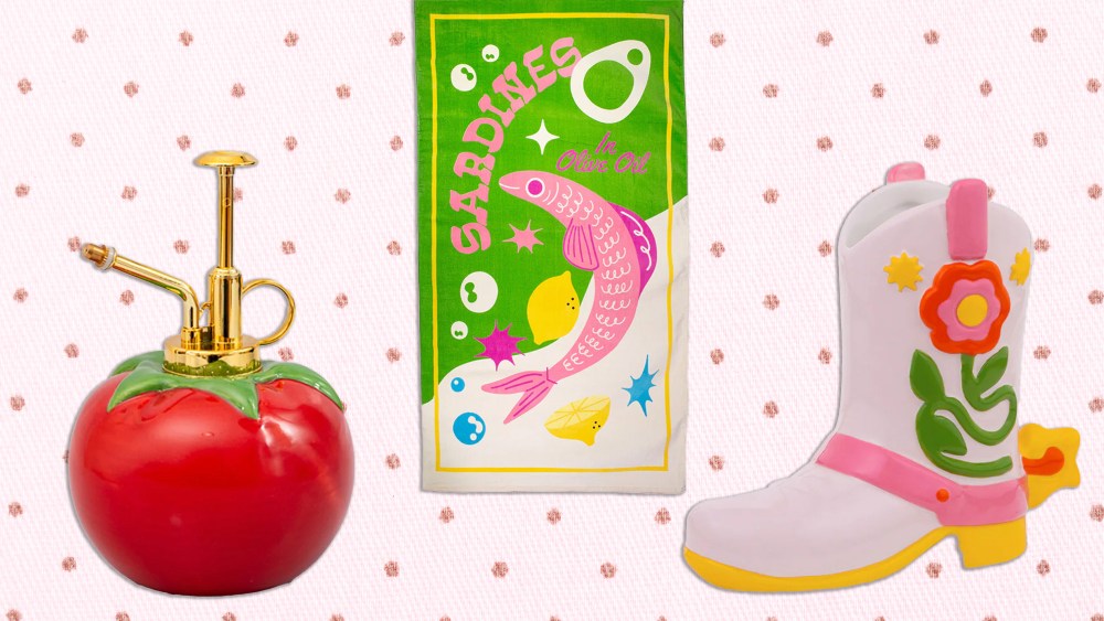 three whimsical and bright home objects from ban.do over a polka dot background in pink