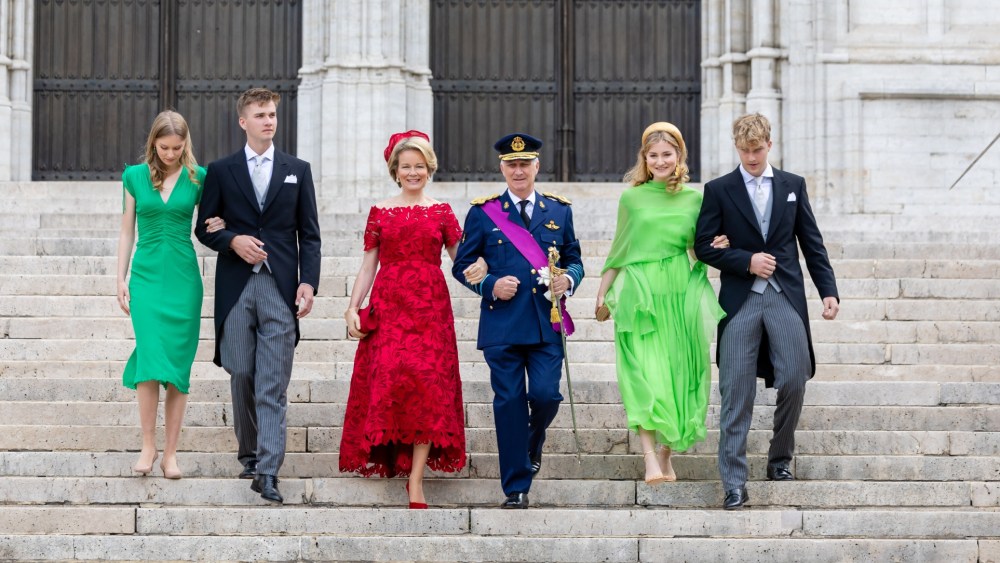 BRUSSELS, BELGIUM - JULY 21: (L to R) Princess Eleonore, Prince Gabriel, Queen Mathilde, King Phiippe, Princess Elisabeth and Prince Emmanuel of Belgium arrive for the Te Deum as they attend the National Day ceremony on July 21, 2025 in Brussels, Belgium.  (Photo by Geert Vanden Wijngaert/Getty Images)
