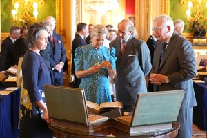 WINDSOR, ENGLAND - JULY 8: Prince Edward, Duke of Edinburgh and Sophie, Duchess of Edinburgh view items on display during the President of France and his wife's visit to the Royal Collection exhibition, in the Green Drawing Room at Windsor Castle on July 8, 2025 in Windsor, England. President Emmanuel Macron and Mrs Brigitte Macron visit the UK in the first visit State Visit made by France in 17 years. They are staying at Windsor Castle, hosted by King Charles III and Queen Camilla, and a banquet will be held there in their honour. The Macrons will visit Imperial College, and the President will address Parliament during his stay.  (Photo by Aaron Chown - WPA Pool/Getty Images)