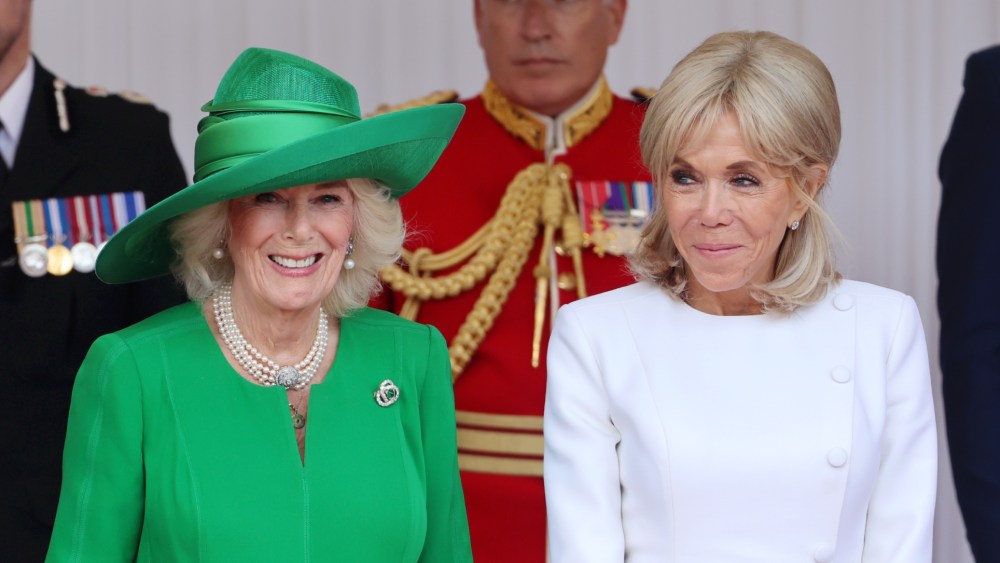 WINDSOR, ENGLAND - JULY 08: Queen Camilla and Brigitte Macron on the Royal Dais at Datchet Road on July 08, 2025 in Windsor, England. President Emmanuel Macron and Mrs Brigitte Macron visit the UK in the first visit State Visit made by France in 17 years. They are staying at Windsor Castle, hosted by King Charles III and Queen Camilla, and a banquet will be held there in their honour. The Macrons will visit Imperial College, and the President will address Parliament during his stay. (Photo by Chris Jackson/Getty Images)