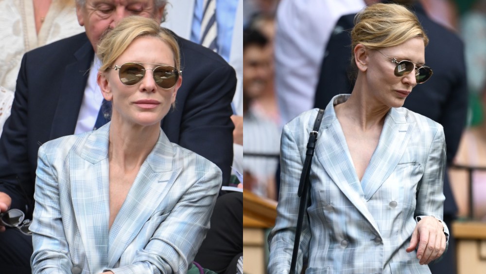 LONDON, ENGLAND - JULY 01: Actress Cate Blanchett is seen in the Royal Box prior to Ladies' Singles first round match between Barbora Krejcikova of Czechia and Alexandra Eala of Philippines on day two of The Championships Wimbledon 2025 at All England Lawn Tennis and Croquet Club on July 01, 2025 in London, England. (Photo by Hannah Peters/Getty Images)