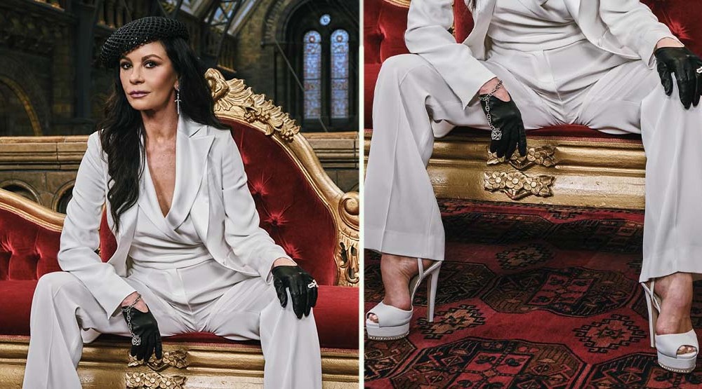 Catherine Zeta-Jones in a white Kiton suit and white platform Le Silla Sandals with crystal details for the "Wednesday" Season Two photocall in London.