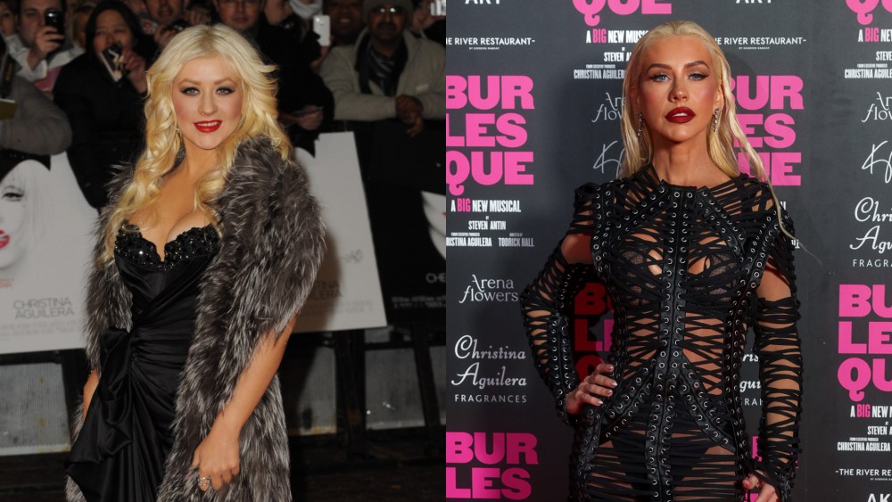 Christila Aguilera in 2010 at the London premiere of the movie Burlesque and in 2025 at the London premiere of Burlesque The Musical.