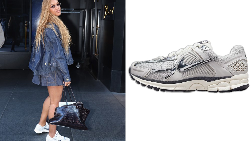 eve standing on a street carrying a big black handbag and wearing nike's zoom vomero 5 sneakers; the zoom vomero 5 sneaker over a white background