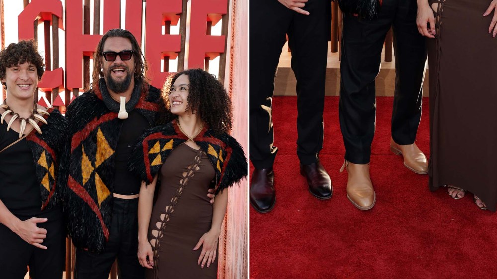 Jason Momoa and his kids Nakoa-Wolf and Lola Iolani in coordinating, natural-hued footwear at the "Chief. of War" premiere.
