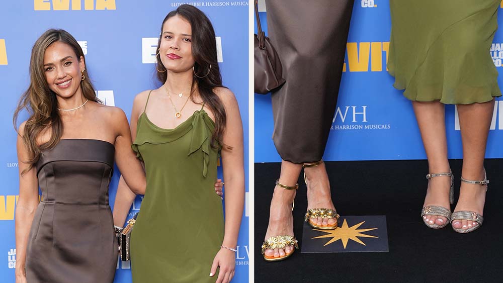 Jessica Alba and daughter Warren Honor coordinate in earth-toned dresses and metallic heels at the press night performance of "Evita" in London.