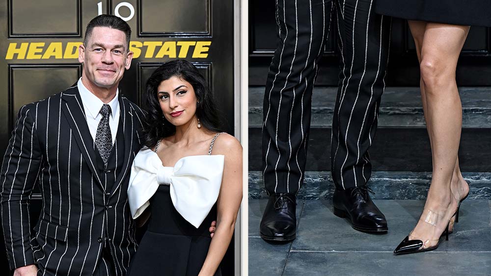John Cena and his wife Shay Shariatzadeh, who wears Alaïa Transparent Mules, at a "Heads of State screening in London.