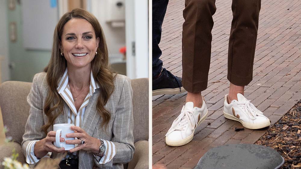 Kate Middleton in her go-to Veja Esplar sneakers during a visit to. the RHS Wellbeing Garden at Colchester Hospital on July 2, 2025.