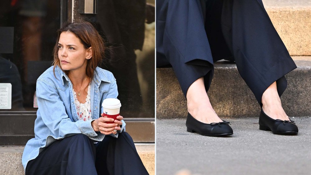 Katie Holmes wearing black Chanel ballet flats while filming "Happy Hour" in New York City on Tuesday.