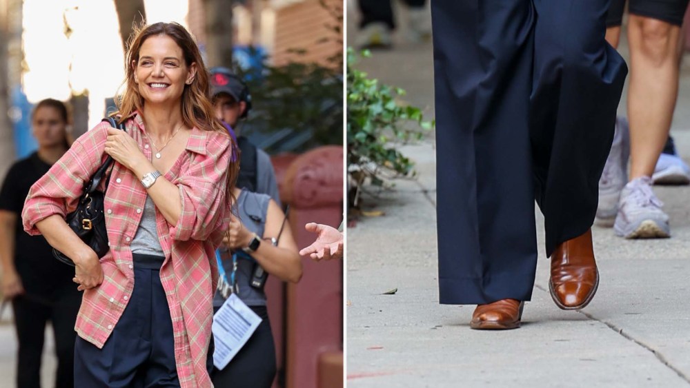 Katie Holmes in well-worn cowboy boots while filming "Happy Hour" in New York City.
