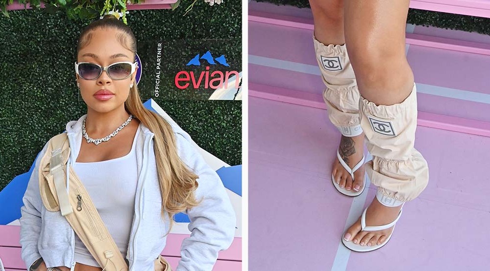 Latto wearing Chanel gaiters and white flip-flops to Wimbledon on Thursday.