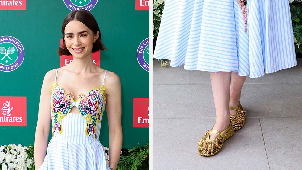 Lily Collins attends as a guest of Emirates, Official Airline Partner of The Championships wearing Alaia laminated fishnet ballet flats on July 6, 2025 in Wimbledon, England.