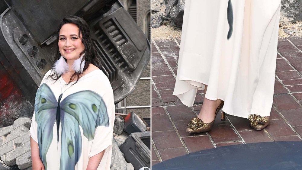 Lily Gladstone wearing vintage Dolce & Gabbana metallic gold heels with a 3D flower embellishment at the premiere of "Alien: Earth" in London on Tuesday.