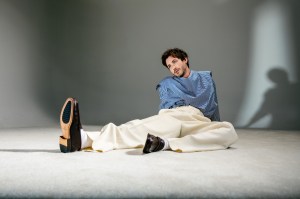 Ami Paris cotton blouse and virgin wool trousers. Bruno Magli loafers.