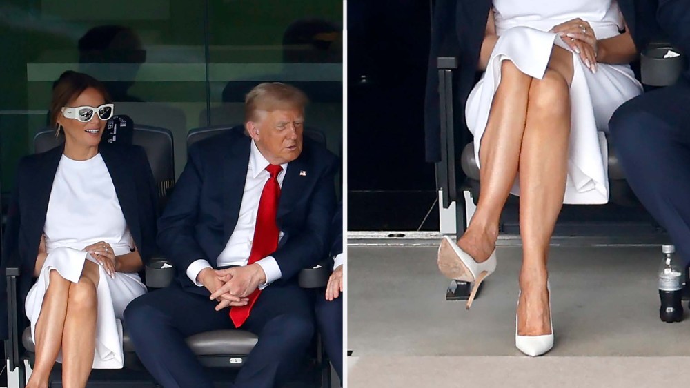 First Lady Melania Trump sits next to President Donald Trump wearing Manolo Blahnik heels.