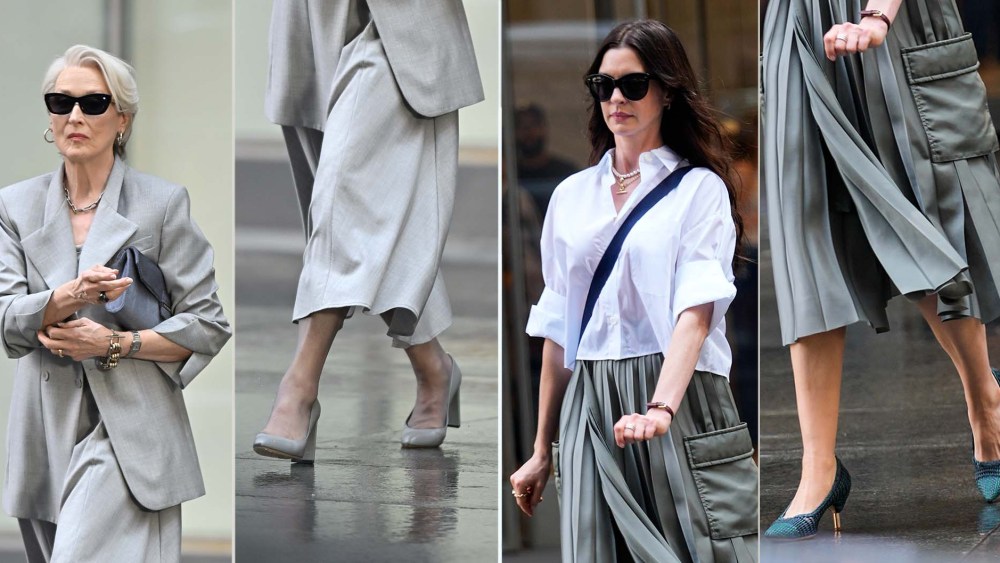 Meryl Streep in gray block heels and Anne Hathaway in braided Andres Gabriela Hearst kitten heels on the set of 'The Devil Wears Prada 2'
