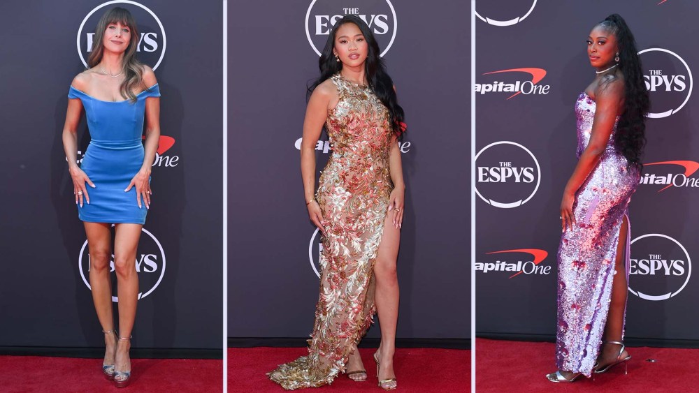 Alison Brie, Suni Lee and Chiney Ogwumike wearing metallic shoes on the 2025 ESPY Awards red carpet.