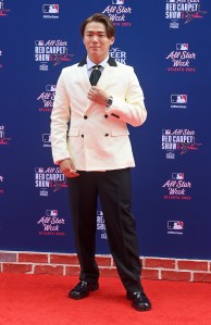 ATLANTA, GEORGIA - JULY 15: Yoshinobu Yamamoto #18 of Los Angeles Dodgers attends the 2025 MLB All-Star Game red carpet at Truist Park on July 15, 2025 in Atlanta, Georgia.  (Photo by Paras Griffin/Getty Images)