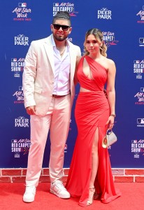 ATLANTA, GEORGIA - JULY 15: Jonathan Aranda #62 of the Tampa Bay Rays and guest attend 2025 MLB All-Star Game red carpet at Truist Park on July 15, 2025 in Atlanta, Georgia.  (Photo by Paras Griffin/Getty Images)