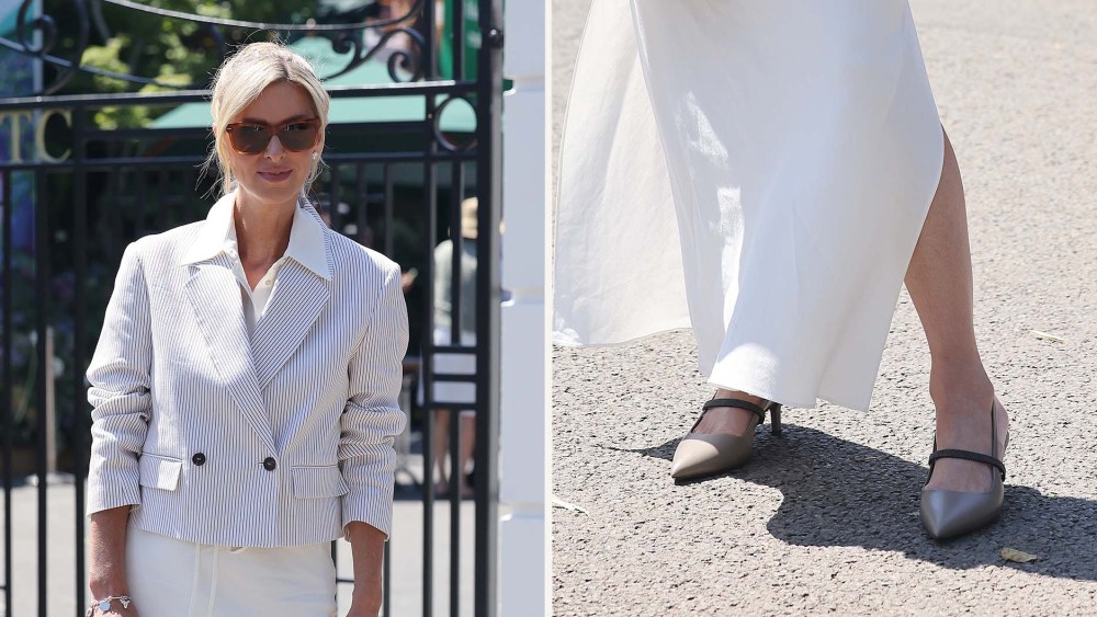 Nicky Hilton Rothschild wearing Brunello Cucinelli city heels in light grey at Wimbledon on Saturday.
