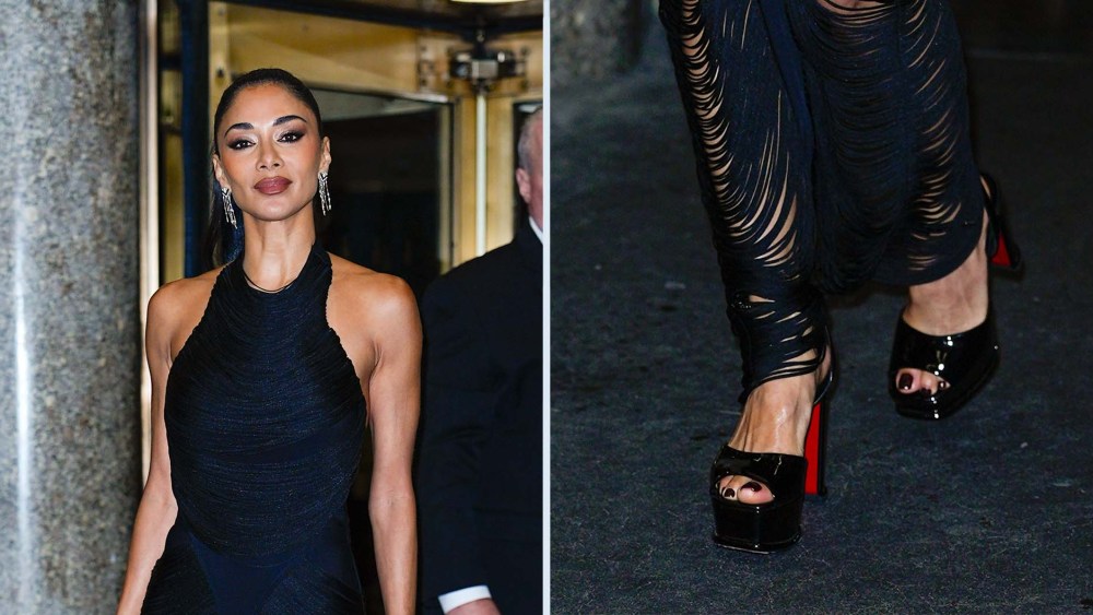 Nicole Scherzinger wears Louboutin Sandaloo platform heels outside Studio 8 in New York City on Monday evening.