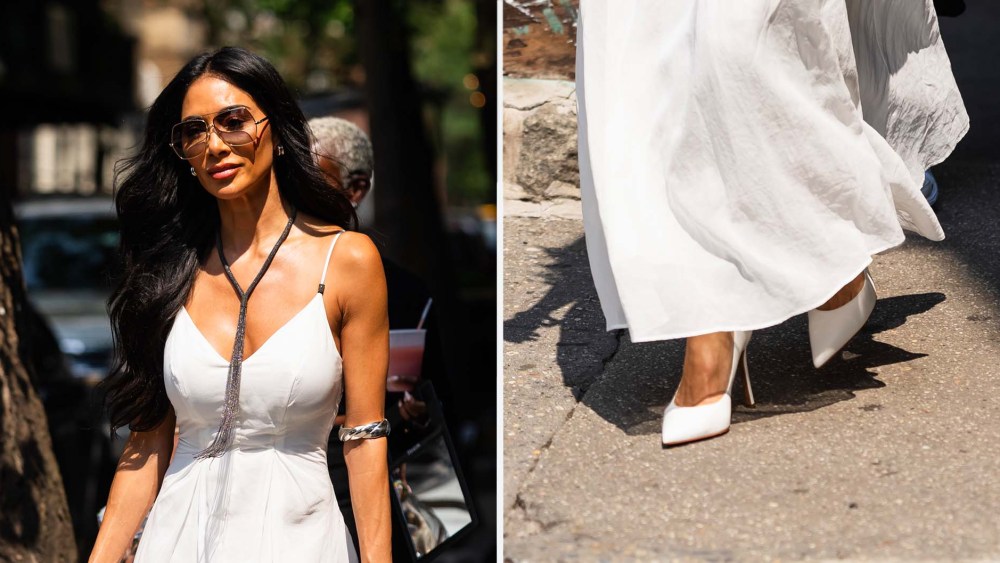 Nicole Scherzinger wears pointed toe white stilettos while out in Manhattan on Wednesday.
