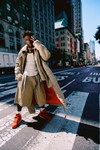 Dsquared2 cotton parka, faux fur jacket, cotton tank top and shorts; Nigel Sylvester x Air Jordan 4 Brick by Brick; Nigel’s own jewelry.