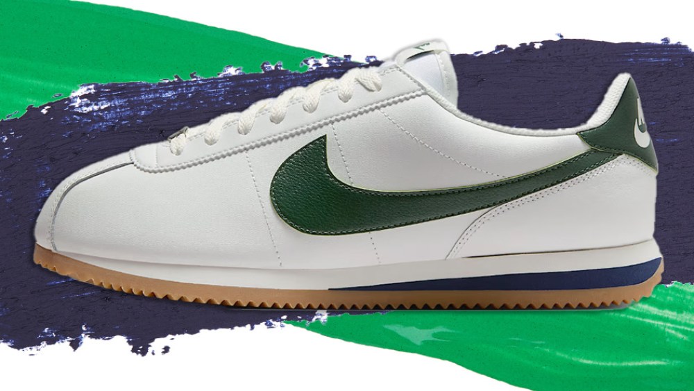 jeremy allen white walking with a white bag in hand while wearing white nike cortez sneakers; white and green nike cortez shoe overlaid on paint streaks of blue and green colors