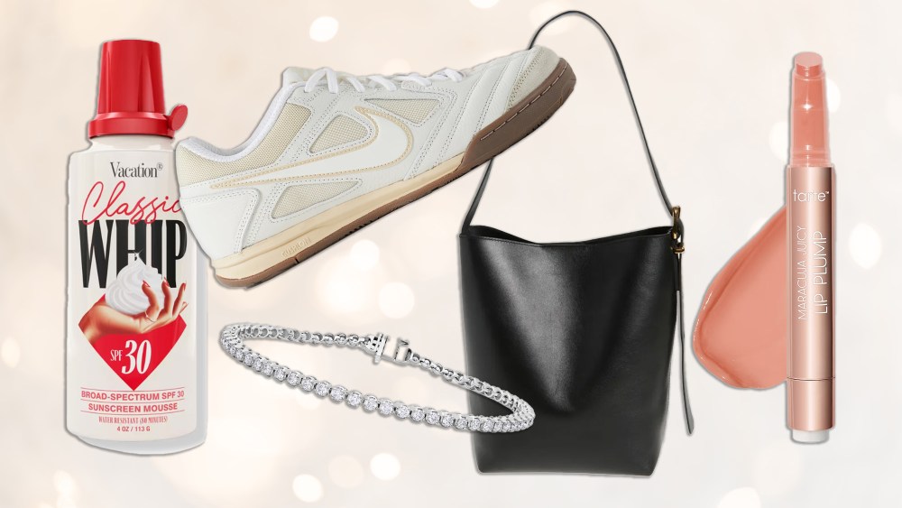assortment of products across fashion and beauty over a light-scattered background