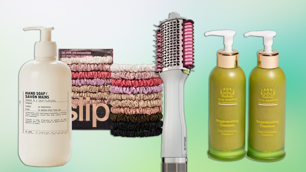 assortment of beauty products found at nordstrom, over a gradient green background