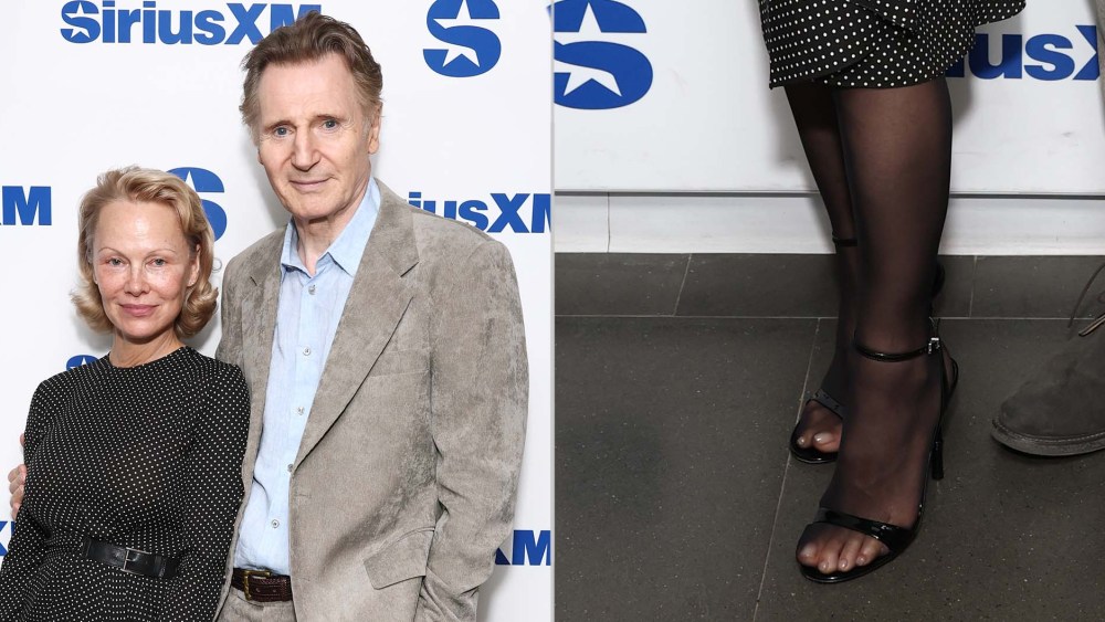 Pamela Anderson and Liam Neeson attend SiriusXM's Town Hall with the cast of The Naked Gun hosted by Andy Cohen at SiriusXM Studios on July 30, 2025 in New York City