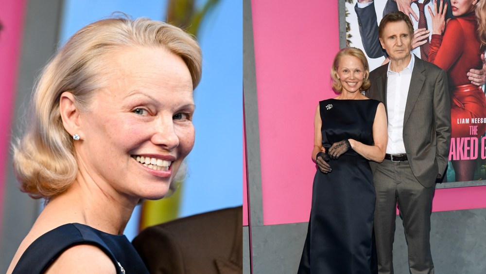Pamela Anderson, Liam Neeson at The Naked Gun New York Premiere on July 28, 2025 in New York, New York.