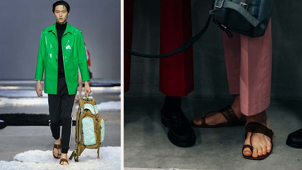 Models on the runway for Prada spring 2026 Men in sandals that look a lot like Kolhapuri Chappals.