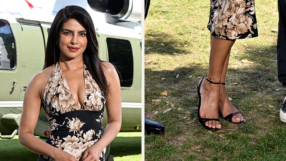 Priyanka Chopra in halter D&G floral dress and The Row's Vika Sandals at a London photocall for "Heads of State."