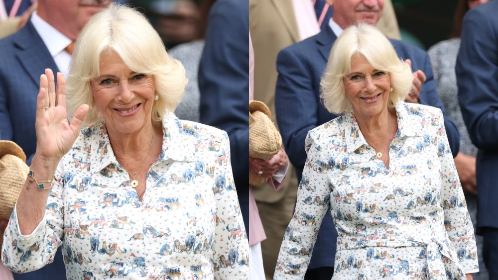 LONDON, ENGLAND - JULY 09: Queen Camilla waves as she attends on day ten of The Championships Wimbledon 2025 at All England Lawn Tennis and Croquet Club on July 09, 2025 in London, England. (Photo by Ezra Shaw/Getty Images)