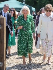 CALNE, ENGLAND - JULY 10: Queen Camilla smiles during a visit to celebrate the 50th anniversary of the Wiltshire and Swindon Community Foundation at Manor Farm on July 10, 2025 in Calne, England. (Photo by Chris Jackson/Getty Images)