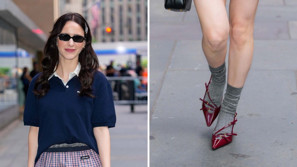 Rachel Brosnahan in head-to-toe Miu Miu, including her strappy heels, in New York City.