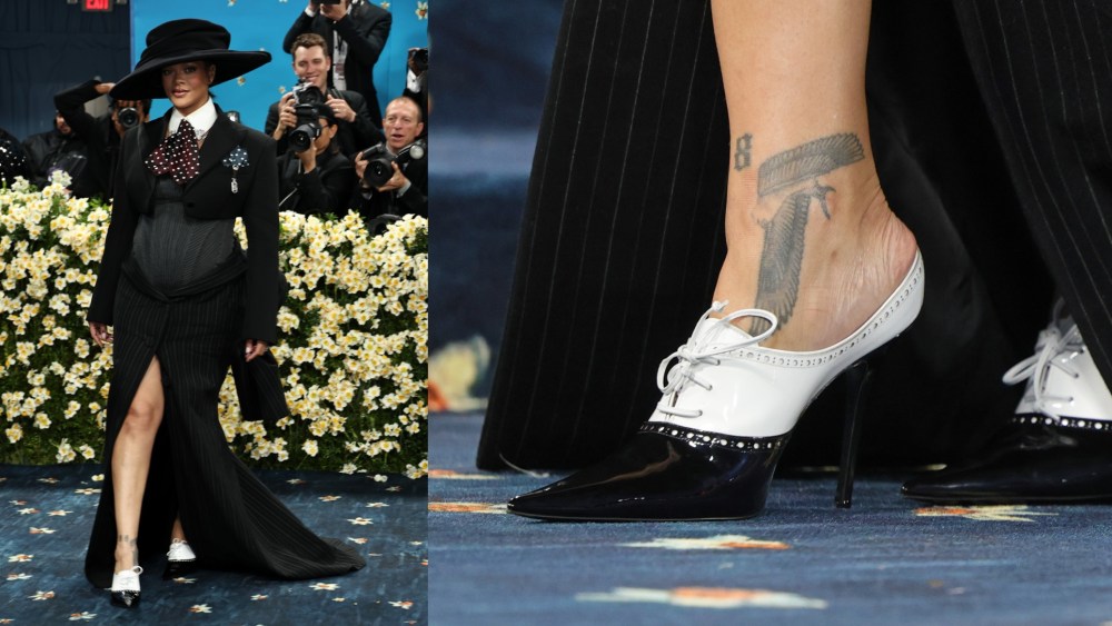 Rihanna wearing custom Amina Muaddi shoes at the 2025 Met Gala.