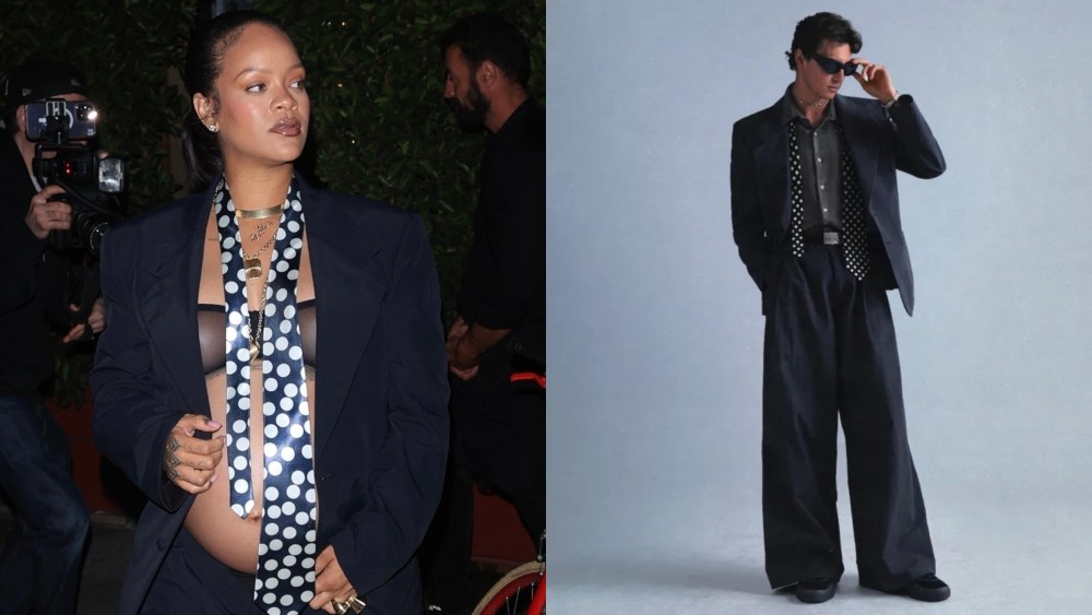 *EXCLUSIVE* Santa Monica, CA       Rihanna puts on a sexy display while leaving a late night dinner at Giorgio Baldi in Santa Monica. Rihanna, who is very pregnant with her third child, nearly suffers a wardrobe malfunction as she wears a see through bra from her Savage Fenty lingerie brand while rocking a baggy dark navy blue suit and polka dot tie. She accessorized the look with gold jewelry with her two son’s RZA & Riot’s name.

Pictured: Rihanna

BACKGRID USA 20 JULY 2025 

USA: +1 310 798 9111 / usasales@backgrid.com

UK: +44 208 344 2007 / uksales@backgrid.com

*UK Clients - Pictures Containing Children
Please Pixelate Face Prior To Publication*