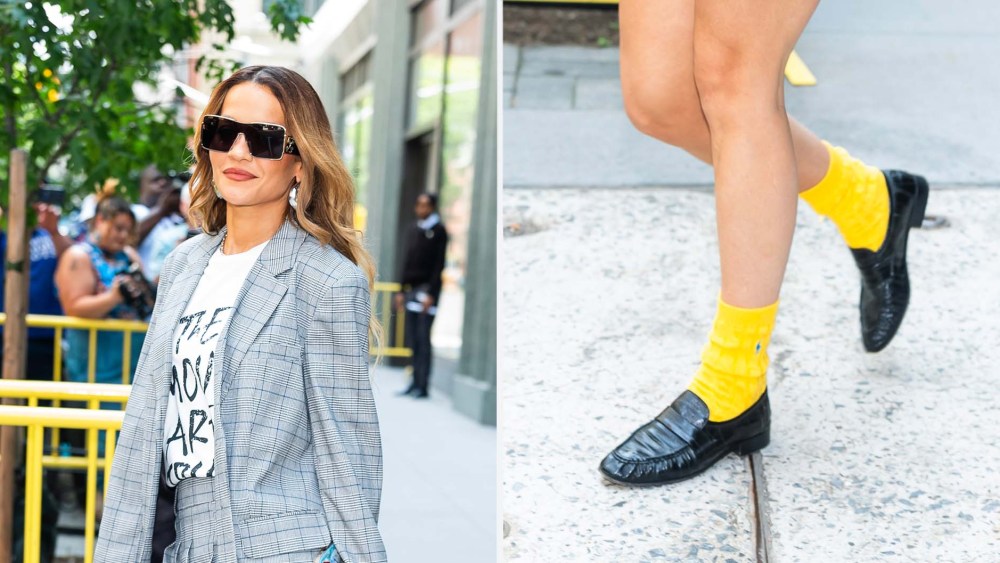 Rita Ora wearing black leather loafers with bright yellow Polo Ralph Lauren crew socks in New York City on Monday.