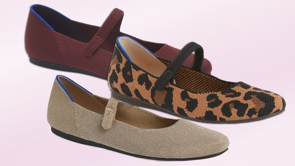 three colorways of the rothy's square mary jane overlaid on a light pink, slightly gradient background