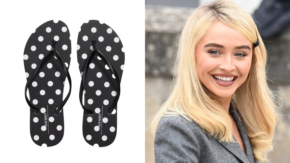still shot of old navy polka dot flip-flops; sabrina carpenter smiling while slightly turned away from the camera