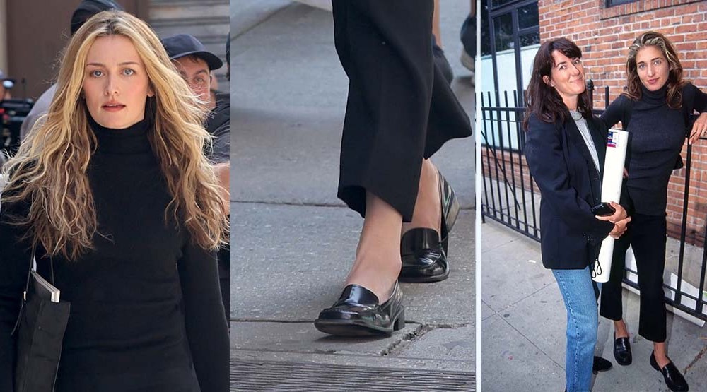 Sarah Pidgeon playing Carolyn Bessette-Kennedy in leather loafers, and the actual Carolyn Bessette-Kennedy (right) in a similar style.