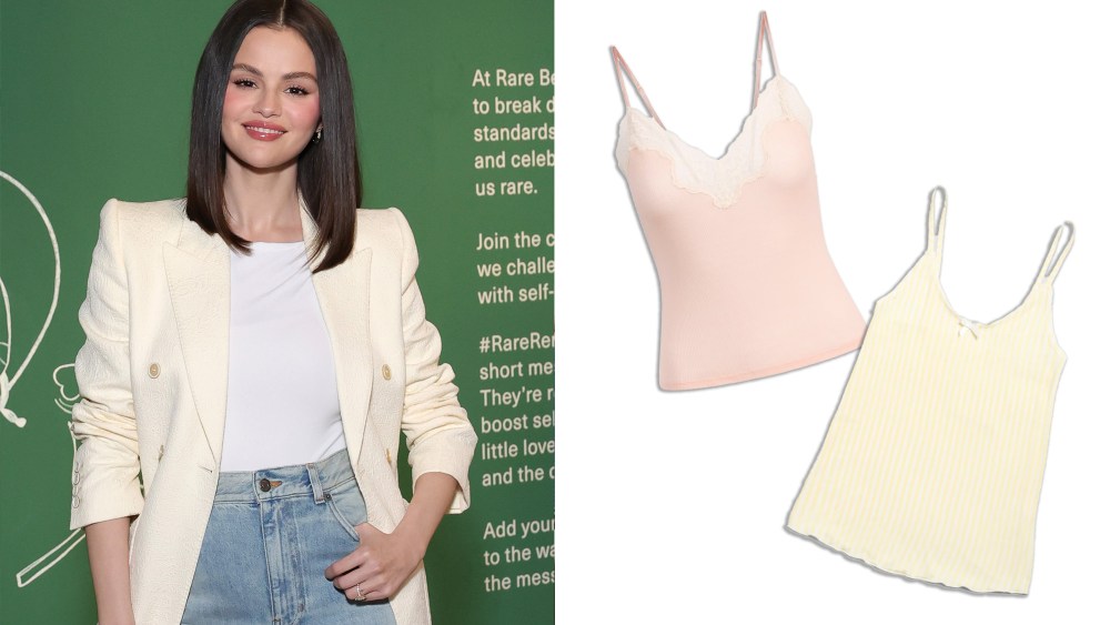 selena gomez posing for papparazzi over a green background; two camisoles in pink and yellow over a white background