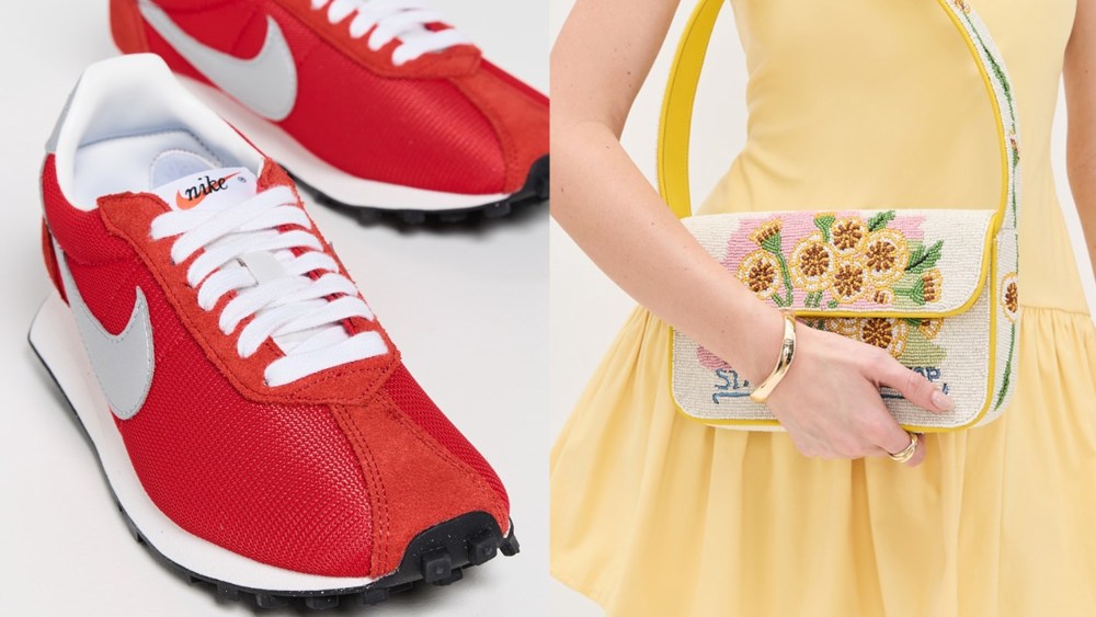 nike ld-1000 shoes in a bright red hue; woman in a yellow dress holding a beaded bag from staud with flowers on it