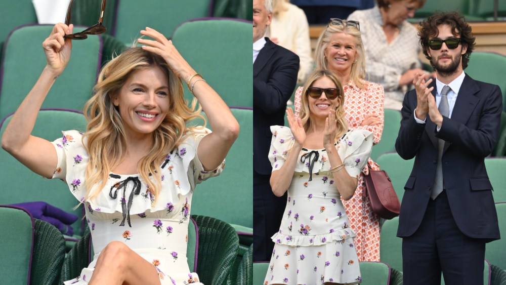 LONDON, ENGLAND - JULY 08: Sienna Miller and Oli Green react to the action court-side on day nine of the Wimbledon Tennis Championships at the All England Lawn Tennis and Croquet Club on July 08, 2025 in London, England. (Photo by Karwai Tang/WireImage)