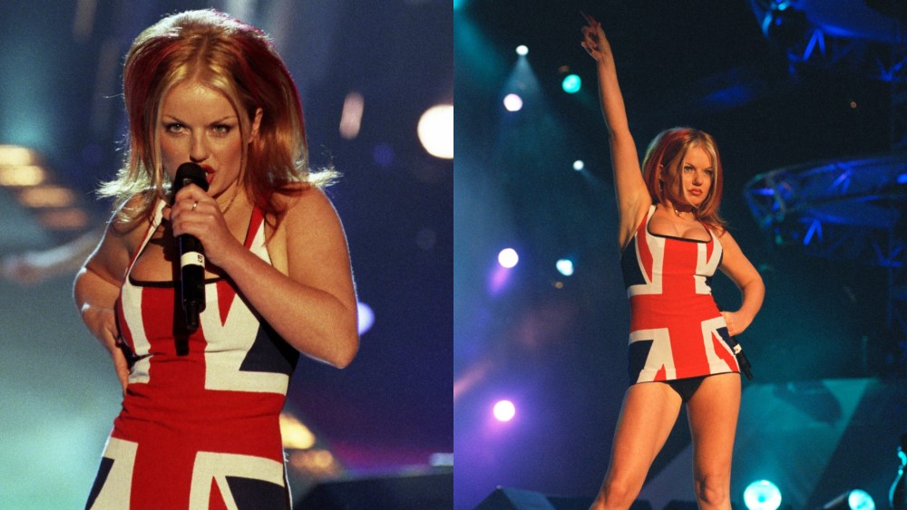 UNITED KINGDOM - FEBRUARY 24:  BRIT AWARDS, EARLS COURT  Photo of Geri HALLIWELL and SPICE GIRLS, Geri Halliwell performing live on stage, Union Jack dress  (Photo by JMEnternational/Redferns) 
Geri Halliwell of British all-girl singing group the Spice Girls at the Brit Awards, 24th February 1997. (Photo by Dave Benett/Getty Images)