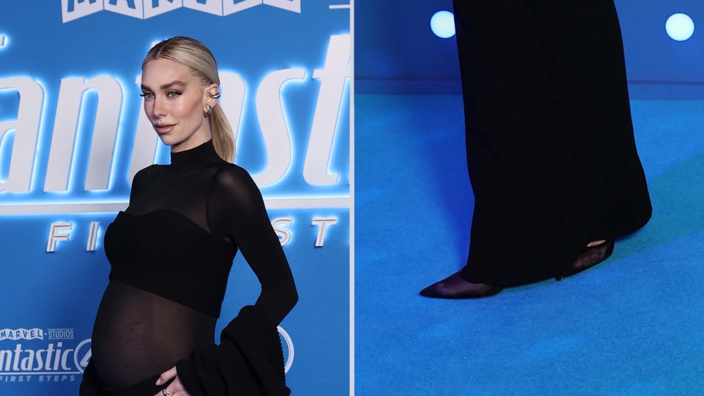 Vanessa Kirby embraces the transparent shoe trend in black Aquazzura Love Affair Mesh Pumps in Sydney, Australia.