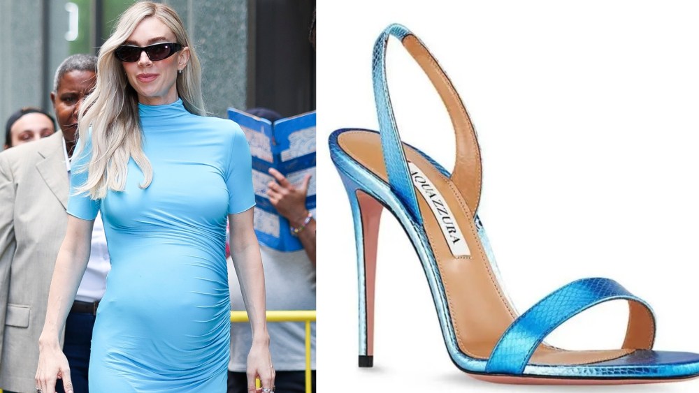 Vanessa Kirby continues her maternity shoe style streak in blue Aquazzura So Nude Sandals.