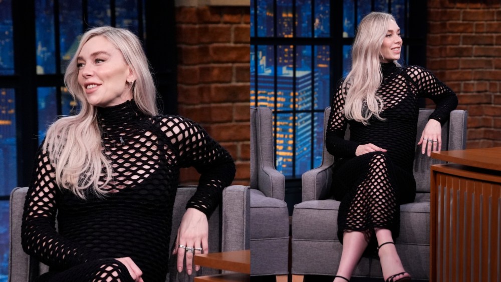 LATE NIGHT WITH SETH MEYERS -- Episode 1678 -- Pictured: Actress Vanessa Kirby during an interview with host Seth Meyers on July 23, 2025 -- (Photo by: Lloyd Bishop/NBC via Getty Images)